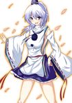  bare_shoulders blue_eyes detached_sleeves hand_on_hip hat japanese_clothes mononobe_no_futo naba_(take_tonbo) petals silver_hair solo tate_eboshi touhou wide_sleeves 