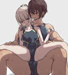  2girls blonde_hair blue_eyes breasts brown_hair carrying carrying_person competition_school_swimsuit dark-skinned_female dark_skin gym_uniform hands_on_another&#039;s_thighs height_difference highres kei_(m_k) large_breasts long_hair m_k multiple_girls original ponytail red_eyes rika_(m_k) school_swimsuit short_hair simple_background size_difference sweat swimsuit tall tall_female tan tomboy yuri 