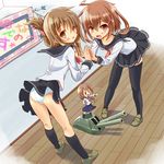  3girls ass blush brown_eyes brown_hair chibi fairy_(kantai_collection) fang folded_ponytail highres holding_hands ikazuchi_(kantai_collection) inazuma_(kantai_collection) kantai_collection kneehighs leaning_forward long_hair long_sleeves looking_back multiple_girls nanodesu_(phrase) panties ponytail school_uniform serafuku short_hair skirt smile tenjou_ryuka thighhighs translated underwear white_panties 