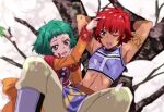  1boy 1girl belt blue_eyes brown_eyes choker dark-skinned_male dark_skin dress farah_oersted fumiko_(mesushi) green_hair jewelry lying midriff on_back one_eye_closed open_mouth red_hair reid_hershel short_hair smile tales_of_(series) tales_of_eternia tree 