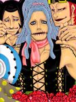  4boys black_hair blonde_hair bow dreadlocks dreads eustass_captain_kid flower grey_hair hairlocs heat_(one_piece) helmet killer_(one_piece) male male_focus multiple_boys one_piece pink_ribbon red_hair ribbon sideburns stitching wire_(one_piece) 