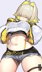  :3 ass_visible_through_thighs belly_grab black_sports_bra blonde_hair breasts cable clothing_cutout crop_top crop_top_overhang cropped_sweater cutoffs elegg_(nikke) exposed_pocket fang fanny_pack gloves goddess_of_victory:_nikke grey_shorts hair_intakes hair_over_eyes hands_on_own_shoulders highres kajimakoto large_breasts multicolored_clothes multicolored_gloves multicolored_hair navel plump projected_inset shorts shoulder_cutout simple_background skindentation sports_bra suspender_shorts suspenders thigh_strap two-tone_hair underboob x_x zipper_pull_tab 