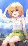  1girl bare_legs black_hairband blonde_hair blue_sky cloud collared_shirt fang forest frilled_shirt frills green_skirt hairband hand_on_own_head higurashi_no_naku_koro_ni houjou_satoko light_rays looking_at_viewer mimihachi mountainous_horizon nature open_mouth outdoors purple_eyes rock shirt shirt_tucked_in short_hair sidelocks sitting sitting_on_rock skin_fang skirt sky sleeveless sleeveless_shirt sunbeam sunlight v-shaped_eyebrows white_shirt 