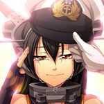  backlighting black_hair chozuru crying crying_with_eyes_open fingerless_gloves gloves hair_ornament hairband hat headgear kantai_collection long_hair looking_at_viewer nagato_(kantai_collection) peaked_cap portrait pov red_eyes revision salute tears 