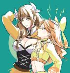  2girls abs black_corset blue_background bow breasts brown_eyes brown_hair cleavage closed_mouth corset cropped_shirt etie_(fire_emblem) fire_emblem fire_emblem_engage goldmary_(fire_emblem) green_eyes hair_bow highres large_breasts long_hair long_sleeves looking_at_viewer midriff multiple_girls orange_hair small_breasts tiara umi_(_oneinchswing) 