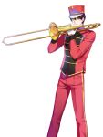  1boy alternate_hair_color band_uniform blue_eyes bright_pupils buttons chulsoo_kim_(closers) closers collared_jacket double-breasted feet_out_of_frame gloves hands_up hat high_collar highres holding holding_instrument holding_trombone instrument jacket legs_apart long_sleeves looking_at_viewer male_focus marching_band official_art pants parted_lips purple_hair red_headwear red_jacket red_pants shako_cap short_hair single_vertical_stripe solo standing trombone uniform white_background white_gloves white_pupils 