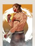  1boy absurdres ass back_muscles baldur&#039;s_gate baldur&#039;s_gate_3 bandaged_hand bandages bara blood blood_on_face blood_on_pectorals brown_hair bubujelra clenched_hands dark-skinned_male dark_skin dungeons_and_dragons elf halsin highres male_focus mature_male medium_hair muscular muscular_male pectorals pointy_ears sidepec solo sparse_arm_hair thick_eyebrows three_quarter_view topless_male 
