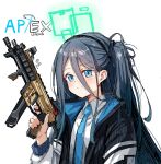  1girl absurdly_long_hair apex_legends aris_(blue_archive) black_hair black_hairband blue_archive blue_eyes blue_necktie blush chubb closed_mouth collared_shirt dated green_halo gun hairband halo highres holding holding_gun holding_weapon jacket long_hair long_sleeves necktie one_side_up open_clothes open_jacket shirt signature simple_background smile solo upper_body very_long_hair weapon white_background white_jacket white_shirt 