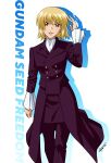  1girl absurdres blonde_hair cagalli_yula_athha copyright_name gundam gundam_seed gundam_seed_freedom hand_up highres looking_at_viewer pant_suit pants shadow short_hair smile suit tokuoka_kouhei walking white_background yellow_eyes 