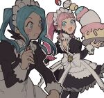  2girls absurdres apron black_dress blue_eyes blue_hair blunt_bangs cake dress dropping felicia_(fire_emblem) fire_emblem fire_emblem_fates flora_(fire_emblem) food fruit grey_eyes highres juliet_sleeves kurimori long_hair long_sleeves looking_at_another looking_back maid maid_apron maid_headdress multiple_girls parted_bangs pink_hair ponytail puffy_sleeves siblings sisters strawberry sweatdrop twins twintails white_apron white_background 