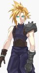  1boy armor bandaged_arm bandages belt blonde_hair blue_eyes blue_pants blue_sweater brown_gloves clenched_hand cloud_strife earrings final_fantasy final_fantasy_vii gloves grey_background highres jewelry keiseki1 leather_belt looking_at_viewer male_focus pants pauldrons puffy_pants serious short_hair shoulder_armor simple_background single_bracer single_pauldron sleeveless sleeveless_turtleneck solo spiked_hair spiked_pauldrons stud_earrings suspenders sweater turtleneck upper_body 
