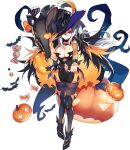  1girl animal_ears bat_ears breasts candy cleavage detached_sleeves fake_animal_ears food full_body gloves halloween_costume hat iron_saga linda_(iron_saga) long_hair official_alternate_costume official_art orange_gloves pantyhose pumpkin purple_eyes single_glove solo third-party_source transparent_background white_hair witch_hat 