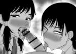  1boy 2girls absurdres bar_censor black_hair blush censored chainsaw_man cooperative_fellatio fellatio greyscale hetero highres kaiman_garupan long_hair looking_at_viewer low_twintails mifune_fumiko mitaka_asa monochrome multiple_girls open_mouth oral penis pov pov_crotch simple_background steaming_body sweat twintails white_background 