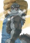 anthro biceps bodily_fluids canid canine canis clothing fur grey_body grey_fur hi_res holding_object kusarikakemono lifewonders male mammal muscular muscular_anthro musk musk_clouds overalls solo sweat tokyo_afterschool_summoners volkv_vseslav wolf