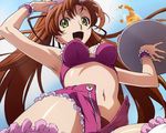  1girl :d arm_up armpits bare_shoulders bra breasts brown_hair cap code_geass frills from_below glass green_eyes highres lace long_hair looking_at_viewer looking_down midriff navel official_art open_mouth orange_juice panties shirley_fenette short_shorts shorts smile solo spilling tabata_hisayuki thighhighs tray twintails unbuttoned underwear unzipped waitress wallpaper wrist_cuffs 