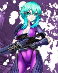  1girl absurdres black_gloves blue_eyes blue_hair breasts cameltoe cleavage cosplay covered_nipples cowboy_shot gloves gun hair_ornament hairclip highres holding holding_gun holding_weapon imrinzlergtz_art looking_to_the_side medium_breasts overwatch short_hair sinon smile solo sword_art_online trigger_discipline weapon weapon_connection widowmaker_(overwatch) widowmaker_(overwatch)_(cosplay) 