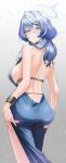  1girl ako_(blue_archive) ako_(dress)_(blue_archive) ass backless_dress backless_outfit blue_archive blue_dress blue_eyes blue_hair blue_halo blush breasts closed_mouth cowboy_shot cuffs dress earrings fingernails hair_between_eyes halo handcuffs highres jewelry large_breasts long_hair looking_at_viewer looking_back nail_polish neko61 official_alternate_costume purple_nails sideboob sleeveless sleeveless_dress solo 