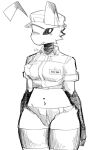 andiekyte antennae_(anatomy) anthro arthropod bee black_and_white breasts character_name clothed clothing crop_top digital_media_(artwork) english_text female fur hat headgear headwear hi_res hymenopteran insect medium_breasts midriff monochrome name_tag navel navel_piercing non-mammal_breasts open_mouth panties piercing pizza_bee_(xexeezy) pockets portrait shirt signature simple_background snout solo standing striped_body stripes text thick_thighs three-quarter_portrait three-quarter_view topwear underwear white_background wide_hips