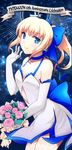  ahoge alternate_hairstyle anniversary arisu_shiria artoria_pendragon_(all) bad_id bad_pixiv_id bare_shoulders blonde_hair blue_eyes blush bouquet bow breasts cleavage dress elbow_gloves fate/stay_night fate_(series) flower gloves hair_bow medium_breasts ponytail saber smile solo 