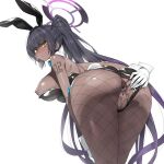  1girl animal_ears anus ass bare_shoulders bent_over black_hair black_leotard blue_archive blush breasts dark-skinned_female dark_skin detached_collar fake_animal_ears fishnet_pantyhose fishnets gloves halo highleg highleg_leotard karin_(blue_archive) karin_(bunny)_(blue_archive) large_breasts leotard long_hair looking_at_viewer looking_back munashi_mujou nipples pantyhose playboy_bunny ponytail pussy rabbit_ears sidelocks solo thighs very_long_hair white_gloves yellow_eyes 