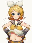  1girl :t asymmetrical_bangs bare_shoulders belt black_sailor_collar black_shorts blonde_hair blue_eyes blush bow closed_mouth crop_top detached_sleeves dot_nose hair_bow hair_ornament hairclip hands_on_own_hips headphones highres kagamine_rin looking_at_viewer medium_hair midriff multicolored_belt nail_polish navel neckerchief number_tattoo orange_belt puff_of_air sailor_collar sazanami_(ripple1996) shirt shorts shoulder_tattoo sidelocks simple_background solo straight_hair tattoo treble_clef upper_body vocaloid white_background white_bow white_shirt yellow_belt yellow_nails yellow_neckerchief 
