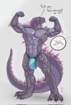 anthro ape bulge clothed clothing flexing godzilla godzilla_(series) goldeyboi haplorhine hi_res kaiju king_kong male mammal mostly_nude muscular offscreen_character primate scalie solo thong thong_only toho topless underwear underwear_only