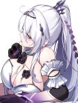  1girl absurdres alternate_breast_size breasts cleavage closed_mouth commentary from_above godcastlenoa hair_between_eyes high_ponytail highres honkai_(series) honkai_impact_3rd kiana_kaslana kiana_kaslana_(herrscher_of_finality) large_breasts long_hair purple_eyes simple_background solo white_background white_hair 