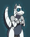 2023 ambiguous_gender android antenna_wire battery_(natonesave) digital_media_(artwork) happy hi_res kobold looking_at_viewer machine natonesave null_bulge pinup pose raised_arms raised_tail robot simple_background solo standing synth_(vader-san) tail three-quarter_view warning_symbol