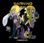  2girls agent_3_(splatoon_3) black_background black_pants blonde_hair boots braid braided_sidelock commentary crop_top cropped_shirt eyebrow_cut full_body gradient_hair highres inkling_girl inkling_player_character jacket kakakamiwed long_hair long_pointy_ears multicolored_hair multiple_girls navel paint pants pointy_ears purple_hair shirt simple_background single_braid smallfry_(splatoon) splatoon_(series) splatoon_3 standing tentacle_hair tentacles toes torn_clothes torn_shirt translation_request two-tone_hair yellow_eyes yellow_footwear yellow_jacket 