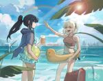 2girls absurdres ball bare_arms beach beachball bikini bird black_hair blonde_hair blue_bikini blue_eyes blue_jacket blue_scrunchie blurry blurry_foreground chinese_commentary closed_mouth cloud commentary_request cup day feet_out_of_frame frilled_bikini frills hair_ornament hair_scrunchie highres holding holding_ball holding_beachball holding_cup inflatable_duck inflatable_toy inoue_takina jacket leaf lens_flare long_hair lycoris_recoil medium_hair multiple_girls navel nishikigi_chisato ocean one_side_up open_clothes open_jacket open_mouth outdoors ponytail rainbow red_bikini red_eyes scrunchie smile swimsuit tree waving windmill yanlingjinshilihuahua 