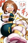  !? 1girl bdsm blush blush_stickers bodysuit boku_no_hero_academia bondage boots bound breasts brown_eyes brown_hair chain commentary_request cuffs highres keyhole large_breasts rebake restrained shackles short_hair solo sweat uraraka_ochako white_background 