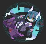 1girl black_thighhighs blue_hair colored_sclera detached_sleeves eyelashes floating full_body ghost_miku_(project_voltage) grey_background hair_between_eyes hatsune_miku highres looking_at_viewer misdreavus mismagius necktie pokemon pokemon_(creature) project_voltage purple_shirt red_eyes shirt sleeves_past_fingers sleeves_past_wrists smile thighhighs twintails ty929 vocaloid white_necktie yellow_eyes yellow_sclera 