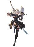  1girl 2b_(nier:automata) absurdres black_blindfold black_dress black_footwear black_gloves black_hairband black_thighhighs blindfold boots breasts cleavage cleavage_cutout closed_mouth clothing_cutout commentary_request dress facing_viewer feather-trimmed_sleeves full_body gloves granblue_fantasy granblue_fantasy_versus hairband highres holding holding_sword holding_weapon juliet_sleeves katana knees_up long_sleeves medium_breasts mole mole_under_mouth nier:automata nier_(series) official_art pod_(nier:automata) puffy_sleeves short_hair simple_background solo standing sword sword_behind_back thighhighs thighhighs_under_boots virtuous_contract virtuous_treaty weapon white_background white_hair 