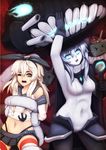  &gt;_&lt; barbariank black_gloves blonde_hair blue_eyes bodysuit breasts cannon closed_eyes covered_navel crotch_plate elbow_gloves gloves glowing glowing_eyes grey_eyes hairband highleg highleg_panties highres kantai_collection long_hair medium_breasts microskirt midriff monster multiple_girls navel one_eye_closed panties pleated_skirt rensouhou-chan restrained sailor_collar shimakaze_(kantai_collection) shinkaisei-kan silver_hair skirt staff striped striped_legwear tentacles thighhighs underwear white_panties white_skin wince wo-class_aircraft_carrier 