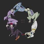  absurdres bad_id bad_pixiv_id black_hair bowler_hat circle_formation dated formal fuku_45 grey_background hat highres jojo_no_kimyou_na_bouken jojolion kawajiri_kousaku kira_yoshikage kira_yoshikage_(jojolion) multiple_boys multiple_persona necktie sailor simple_background suit 