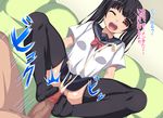  1girl black_hair black_legwear censored cum ejaculation footjob hetero mosaic_censoring natsumyun one_eye_closed open_mouth original panties pantyshot penis pink_panties rina_(natsumyun) school_uniform serafuku skirt thighhighs translated twintails underwear 