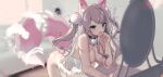  1girl animal_ear_fluff animal_ears artist_name bare_shoulders bent_over black_choker blue_eyes blurry blurry_background blush breasts choker cleavage commentary flower_(symbol) grey_hair highres indie_virtual_youtuber leaning_forward leotard long_hair looking_at_mirror medium_breasts mirror open_mouth shaoviie solo tail thick_eyelashes two_side_up upper_body wavy_hair white_leotard 