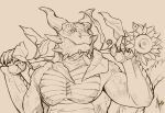 absurd_res anthro bust_portrait cheek_spikes dragon facial_spikes flower front_view hi_res horn khyaber looking_at_viewer male monochrome mouth_closed muscular muscular_anthro muscular_male mythological_creature mythological_scalie mythology pecs plant portrait pupils scales scalie simple_background slit_pupils solo spikes spikes_(anatomy) sunflower