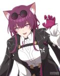  1girl :d absurdres animal_ear_fluff animal_ears asiri_senpai black_jacket cat_ears claw_pose commentary gloves highres honkai:_star_rail honkai_(series) jacket kafka_(honkai:_star_rail) kemonomimi_mode long_sleeves looking_at_viewer open_clothes open_jacket open_mouth purple_eyes purple_gloves purple_hair shirt simple_background smile solo sunglasses upper_body white_background white_shirt 