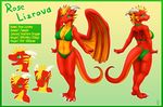  angry anthro belly_scales border breasts butt claws clothed clothing countershading digitigrade dragon female frills green_background green_eyes hindpaw horn membranous_wings model_sheet navel orange_countershading orange_membrane paws plain_background red_scales red_skin rose_lizrova scalie skimpy slit_pupils solo swimsuit teeth toe_claws vader-san wings yellow_countershading yellow_membrane 
