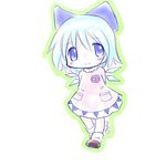  artist_name blue_eyes blue_hair blush bow chibi cirno dress full_body hair_bow ice ice_wings kindergarten_uniform mad_(kusakabe) shoes short_hair smile socks solo touhou white_background wings 