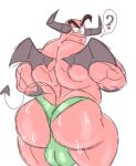 balls butt clothing demon demon_(rat_snacks) furryonline1 genitals horn humanoid looking_at_viewer male muscular muscular_male presenting presenting_hindquarters rat_snacks red_body simple_background solo thong underwear wings
