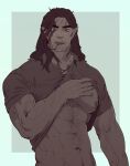  1boy abs baldur&#039;s_gate baldur&#039;s_gate_3 bara bare_pectorals brown_hair clothes_lift dark-skinned_male dark_skin dungeons_and_dragons elf hairy halsin highres large_pectorals lifted_by_self looking_at_viewer maison_(6_maison_6) male_focus mature_male medium_hair muscular muscular_male navel nipples parted_lips pectorals photo-referenced pointy_ears shirt_lift solo sparse_arm_hair sparse_chest_hair thick_eyebrows two-tone_background undressing upper_body 