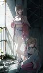  2girls blonde_hair breasts chain choker crop_top fingerless_gloves gloves goddess_of_victory:_nikke hana_hebi highres horns jackal_(nikke) jacket long_hair mask mouth_mask multiple_girls pink_eyes pink_jacket skirt stairs stairwell v viper_(nikke) window 