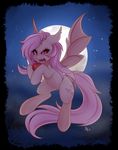  angry apple bat_pony cutie_mark equine fangs female feral flutterbat_(mlp) fluttershy_(mlp) flying friendship_is_magic fruit fur hair hooves horse long_hair mammal moon my_little_pony pink_hair pony red_eyes sky solo spittfire stars teeth wings yellow_fur 