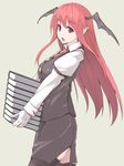  arm_belt bat_wings black_legwear book gloves head_wings kamukamu_(ars) koakuma long_hair looking_at_viewer necktie open_mouth pointy_ears red_eyes red_hair simple_background solo thighhighs touhou white_gloves wings 