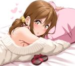  :o bare_shoulders breasts brown_eyes brown_hair candy chocolate food heart heart-shaped_chocolate highres kunikida_hanamaru large_breasts looking_at_viewer love_live! love_live!_sunshine!! lying off-shoulder_sweater off_shoulder on_stomach pillow pillow_grab pink_nails pink_pillow short_twintails sidelocks solo sweater twintails white_background yopparai_oni 