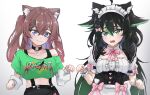  2girls animal_ear_fluff animal_ears bare_shoulders belt black_belt black_choker black_hair blue_eyes brown_hair cat_ears character_request choker clothes_writing commentary copyright_request gradient_background green_eyes green_shirt grey_background hair_between_eyes highres multiple_girls off-shoulder_shirt off_shoulder shirt short_sleeves suspenders two_side_up upper_body white_background wrist_cuffs zeranium_(zeranium17) 