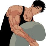  1boy bara black_hair blue_eyes closed_eyes domo_(domo_kizusuki) drooling highres hugging_object kokado_shido_(domo) large_pectorals male_focus mouth_drool muscular muscular_male original pectoral_cleavage pectorals pillow pillow_hug saliva shirt short_hair sideburns simple_background sleeping solo tank_top thick_eyebrows tight_clothes tight_shirt upper_body veins veiny_arms white_background 