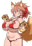  1girl :3 absurdres animal_ear_fluff animal_ears animal_hands bikini blush bow breasts brown_tail claws closed_mouth cowboy_shot fate_(series) hair_between_eyes hair_bow highres huge_breasts kagarimachi_konatsu light_brown_hair long_hair looking_at_viewer navel plump red_bikini red_bow simple_background solo swimsuit tamamo_(fate) thick_thighs thighs tsurime white_background yellow_eyes 